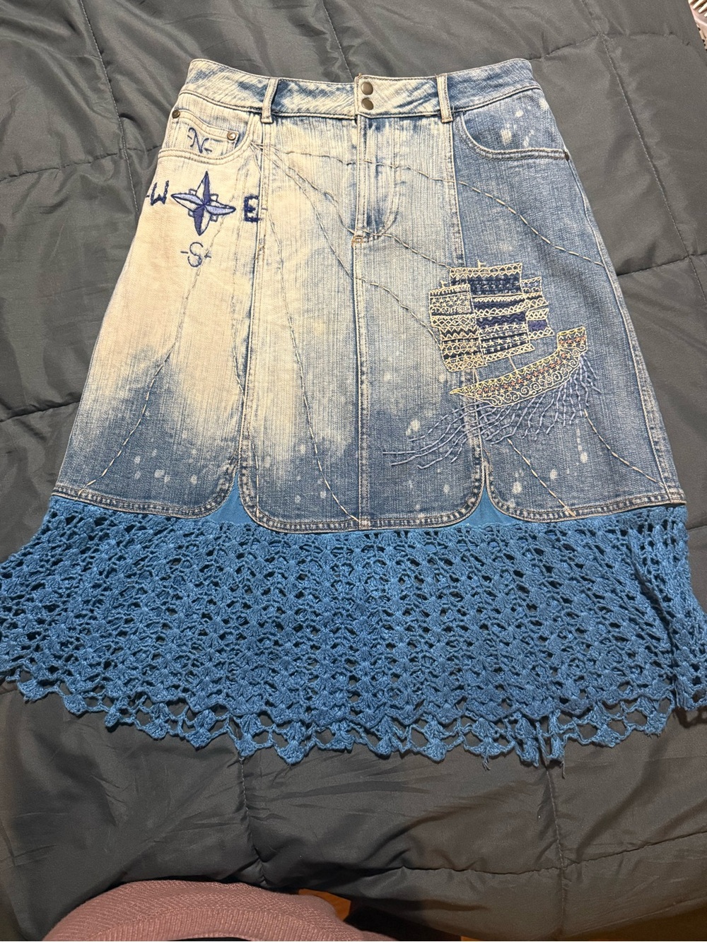 Womens Blue Ombre Denim Skirt with Crochet Hem